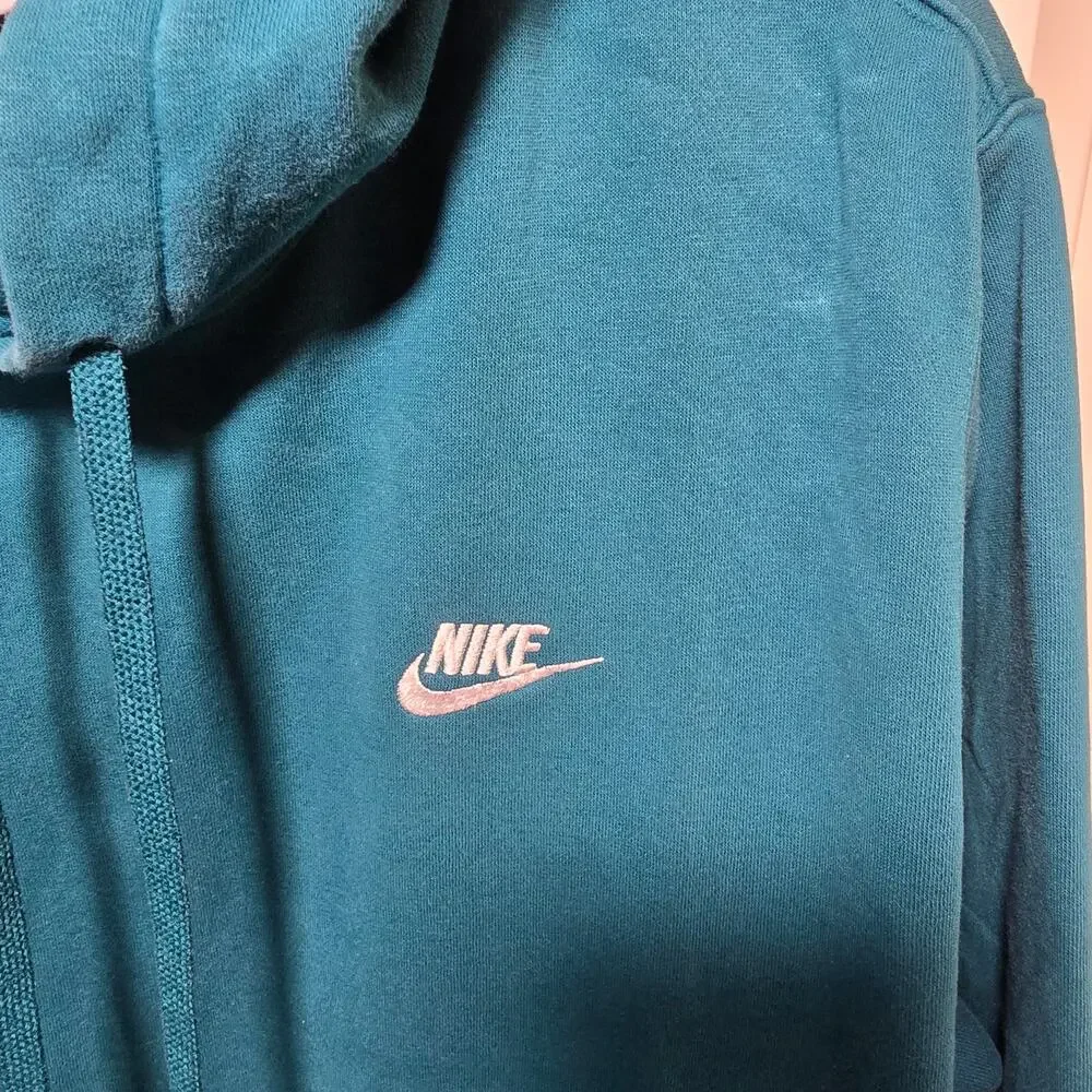 Vintage Teal with White Swoosh Nike Pullover Hoodie Kangaroo Pockets Size Large